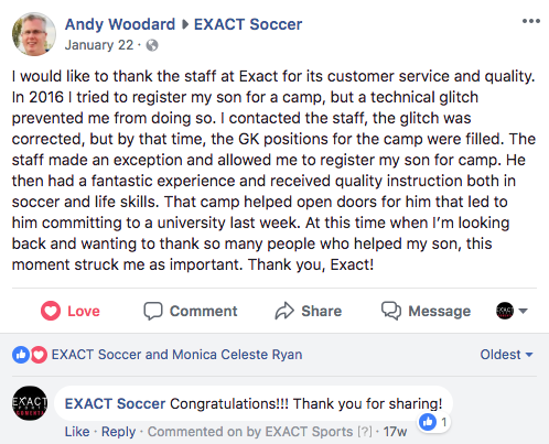 EXACT ID Camp Reviews: Goalkeeper son had an amazing experience
