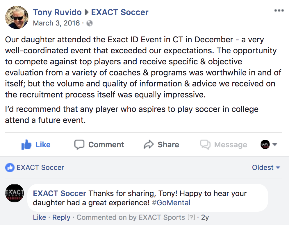 EXACT ID Camp Reviews: Daughter went to Connecticut Camp, recommend to any player who aspires to play soccer in college.