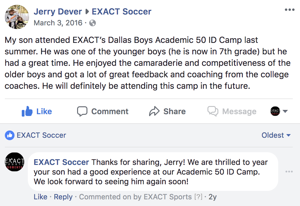 EXACT Soccer Camp Reviews: 7th grade son enjoyed camp and got great feedback from coaches 