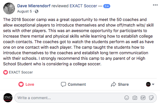 Soccer ID Camp Reviews: 2018 Dad strongly recommends EXACT Soccer